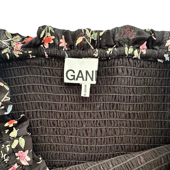 GANNI Elm Shirred Floral Black Georgette Mini Skirt Size 40 US 10 Smocked Waist - Picture 4 of 8